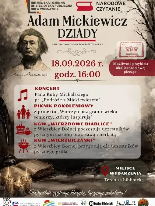 Narodowe Czytanie 2026 w Wołczynie: Dziady, piknik i międzypokoleniowe spotkanie