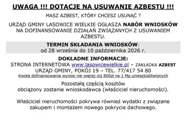 Gmina Lasowice Wielkie dofinansuje usuwanie azbestu – nabór wniosków do 10 października