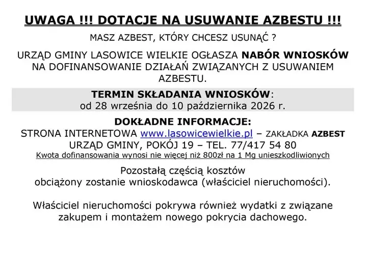 Gmina Lasowice Wielkie dofinansuje usuwanie azbestu – nabór wniosków do 10 października