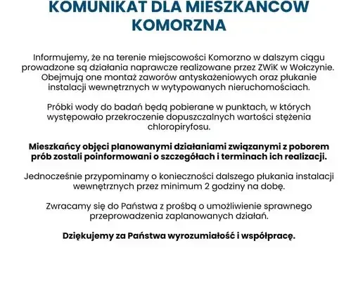 Komorzno: trwają prace naprawcze po skażeniu wody chloropiryfosem